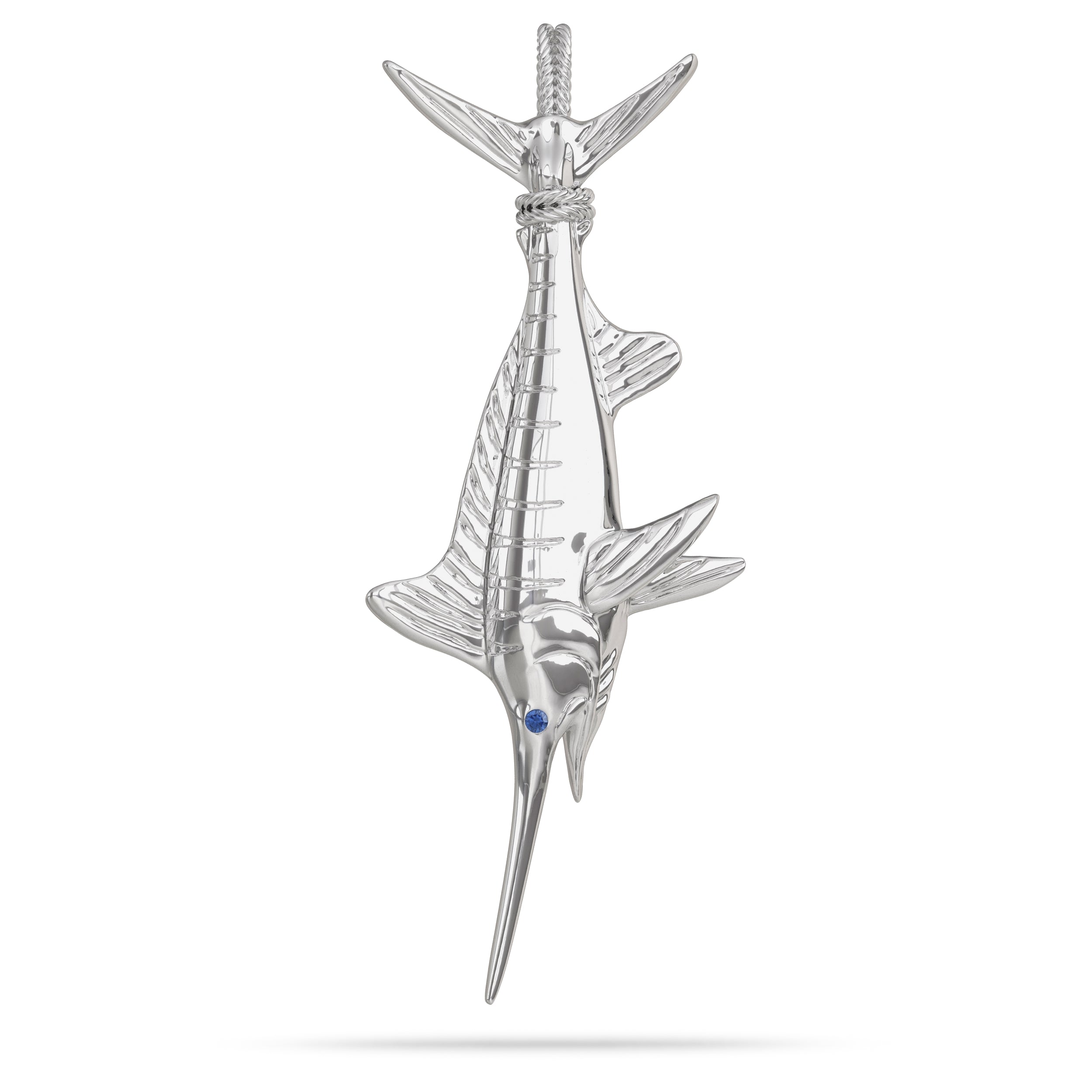 Sterling Silver White Marlin Pendant High Polished Mirror Finish With Blue Sapphire Eye with A Mariner Shackle Bail Custom Designed By Nautical Treasure Jewelry In The Florida Keys Open