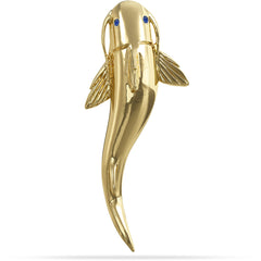 Solid 14k Gold Catfish Pendant High Polished Mirror Finish With Blue Sapphire Eye with A Mariner Shackle Bail Custom Designed By Nautical Treasure Jewelry In The Florida Keys Islamorada Noodling Hanna 