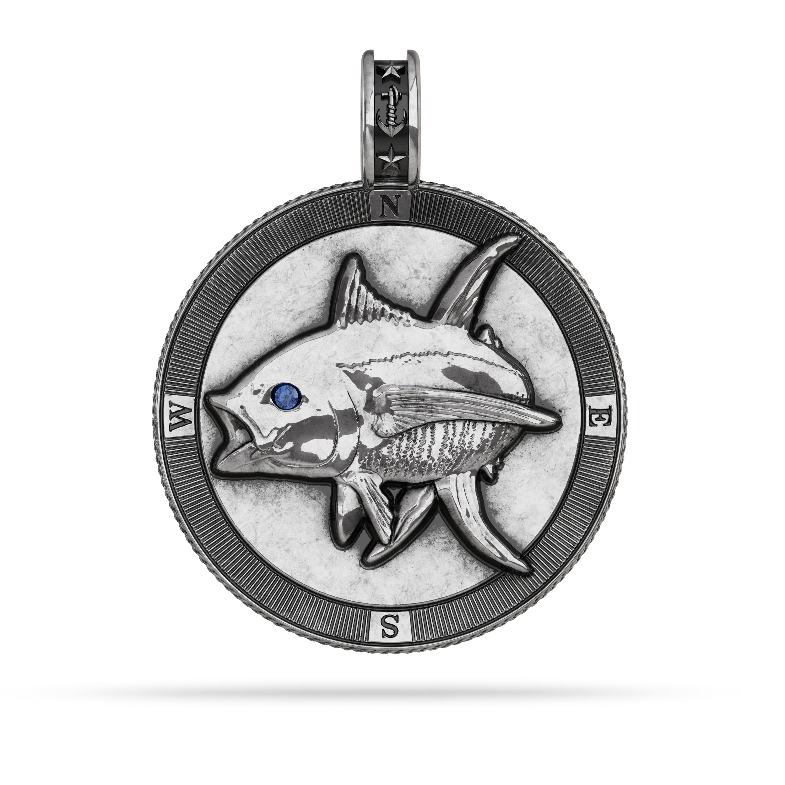 Yellowfin Tuna  Compass Medallion Pendant Large Sterling Silver Patina by Nautical Treasure