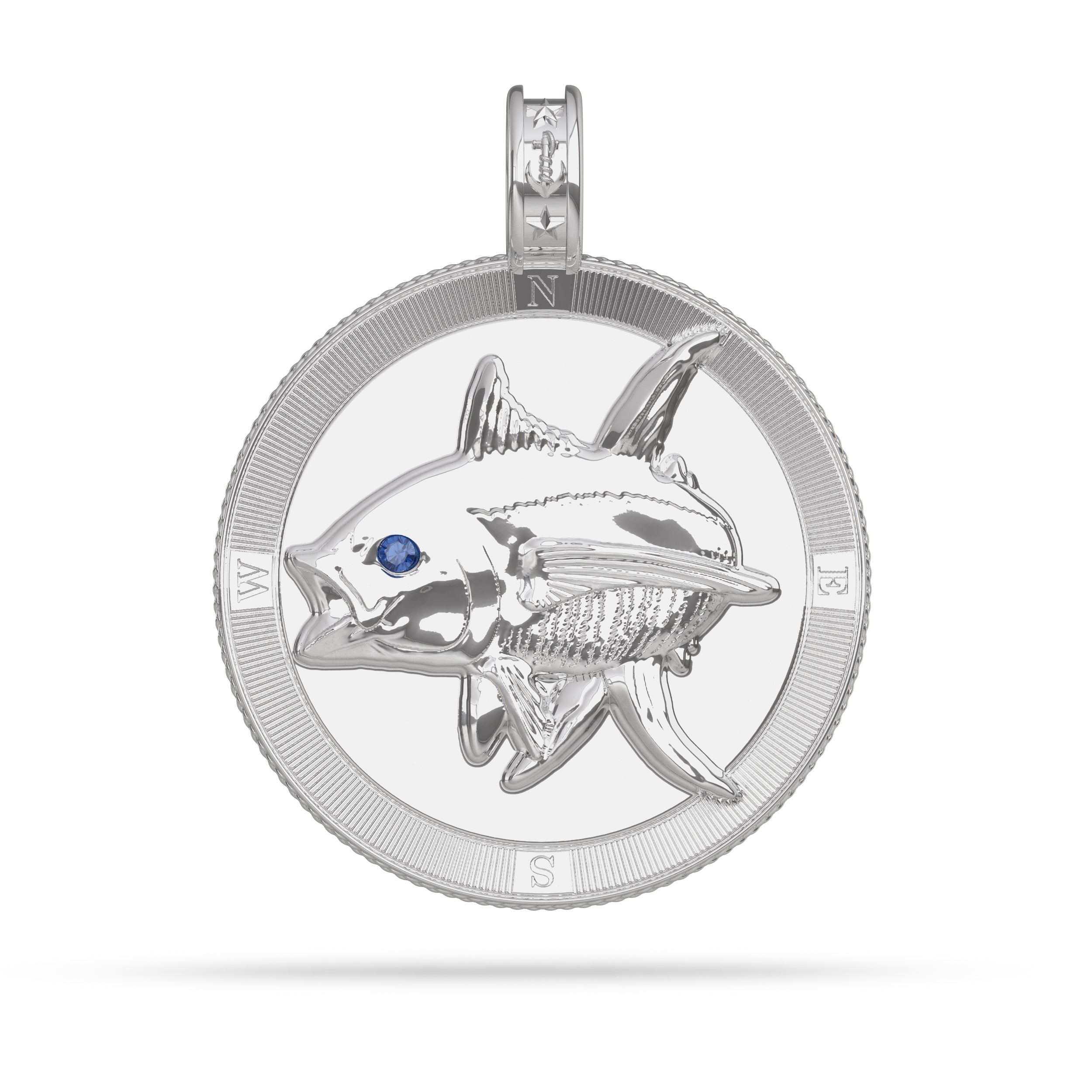 Yellowfin Tuna  Compass Medallion Pendant Large in Silver with Sapphire by Nautical Treasure