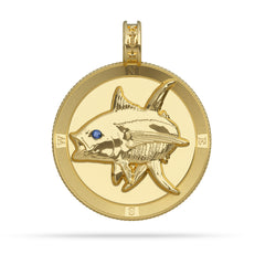 Yellowfin Tuna  Compass Medallion Pendant Large in Gold with Sapphire by Nautical Treasure