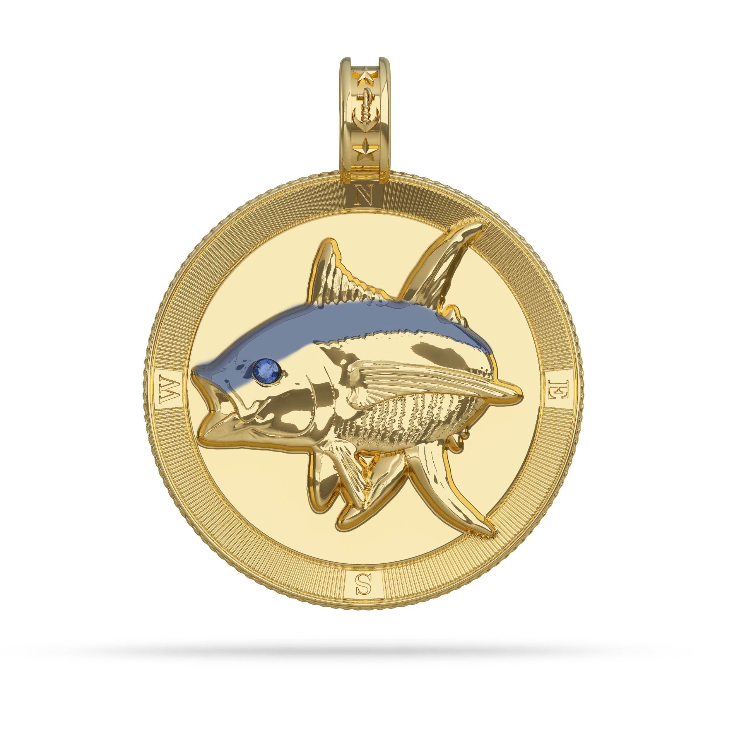 Yellowfin Tuna  Compass Medallion Pendant Large in Enamel and Gold with Sapphire by Nautical Treasure