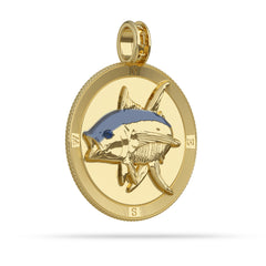 Yellowfin Tuna  Compass Medallion Pendant Large in 14K Gold enamel  by Nautical Treasure