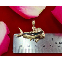 Nautical Treasure ® 10K 14K 18K Gold Mahi Dorado Dolphin Pendant with Sapphire Eye and Large Shackle Bail (fits up to 8mm chain).    Pendant Specificatons   Measurement:  1 1/2" in length approximately  Weight: 8 Grams Nautical Jewelry, Mens Jewelry, Fishing Jewelry, Offshore Angler, Bull Dolphin