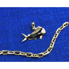 Nautical Treasure ® 10K 14K 18K Gold Mahi Dorado Dolphin Pendant with Sapphire Eye and Large Shackle Bail (fits up to 8mm chain).    Pendant Specificatons   Measurement:  1 1/2" in length approximately  Weight: 8 Grams Nautical Jewelry, Mens Jewelry, Fishing Jewelry, Offshore Angler, Bull Dolphin