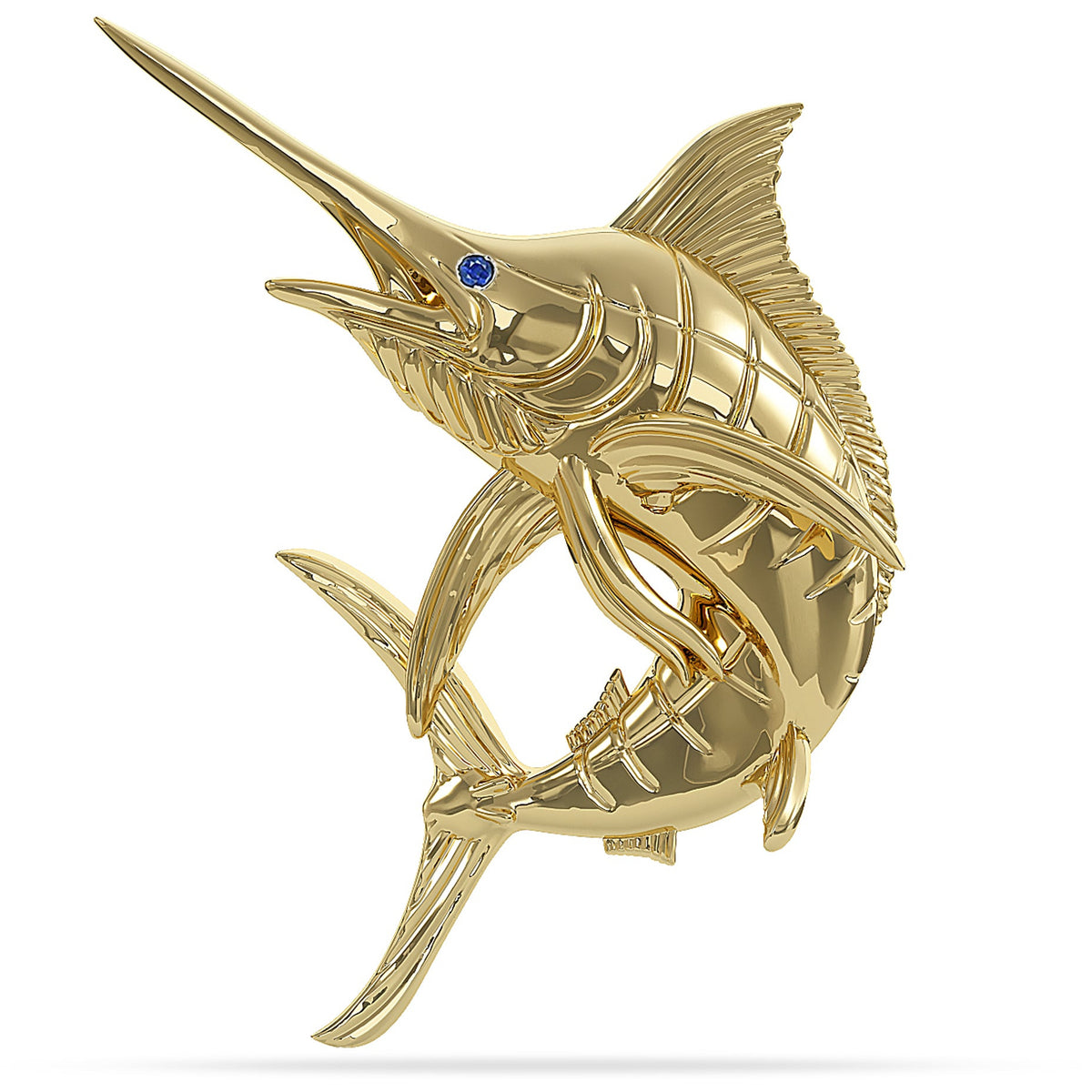 Solid 14k Gold Blue Marlin Jumping Pendant High Polished Mirror Finish With Blue Sapphire Eye with A Mariner Shackle Bail Custom Designed By Nautical Treasure Jewelry In The Florida Keys Islamorada 