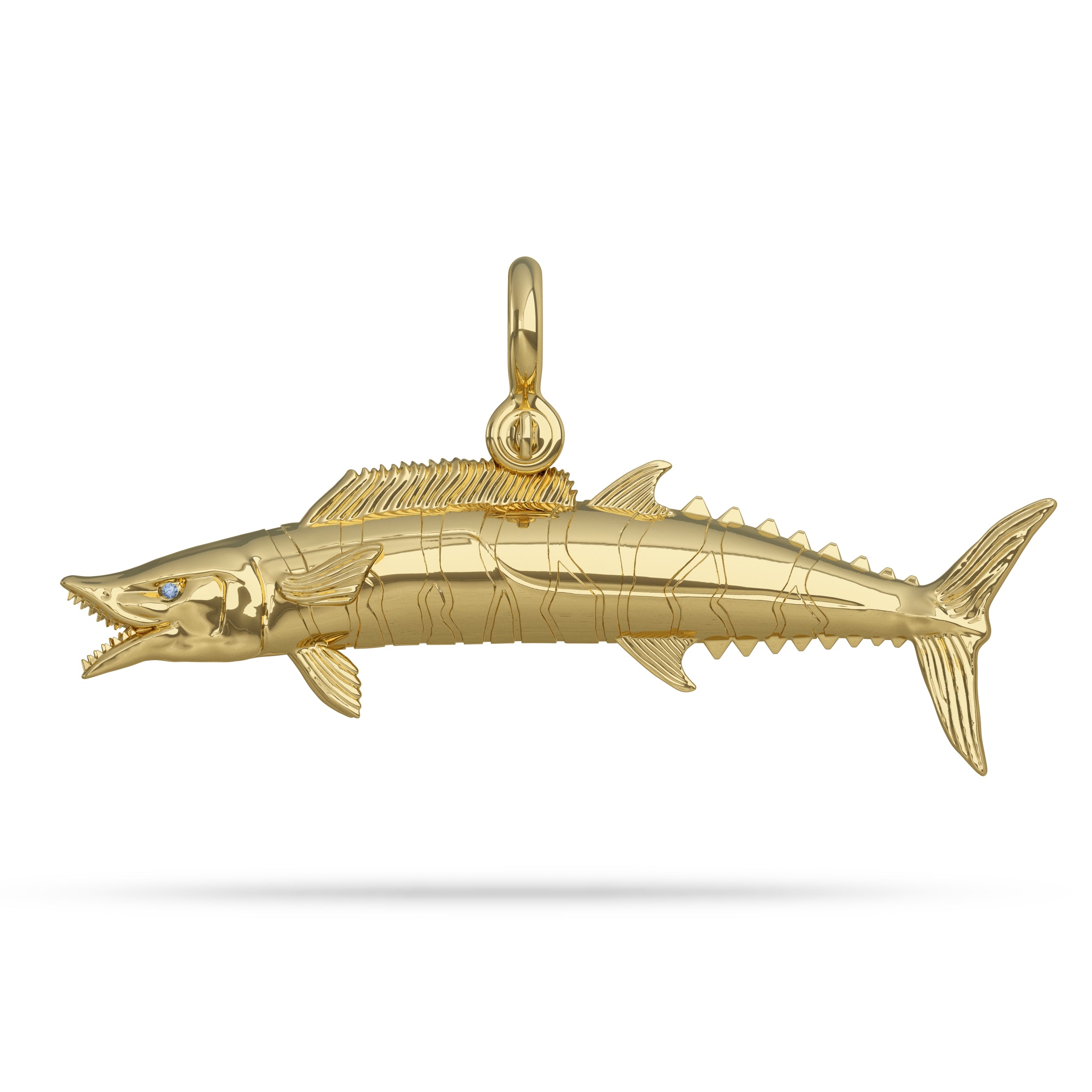 Gold Wahoo Fish With Sapphire Eye with A Mariner Shackle Bail Custom Designed By Nautical Treasure Jewelry In The Florida Keys Islamorada