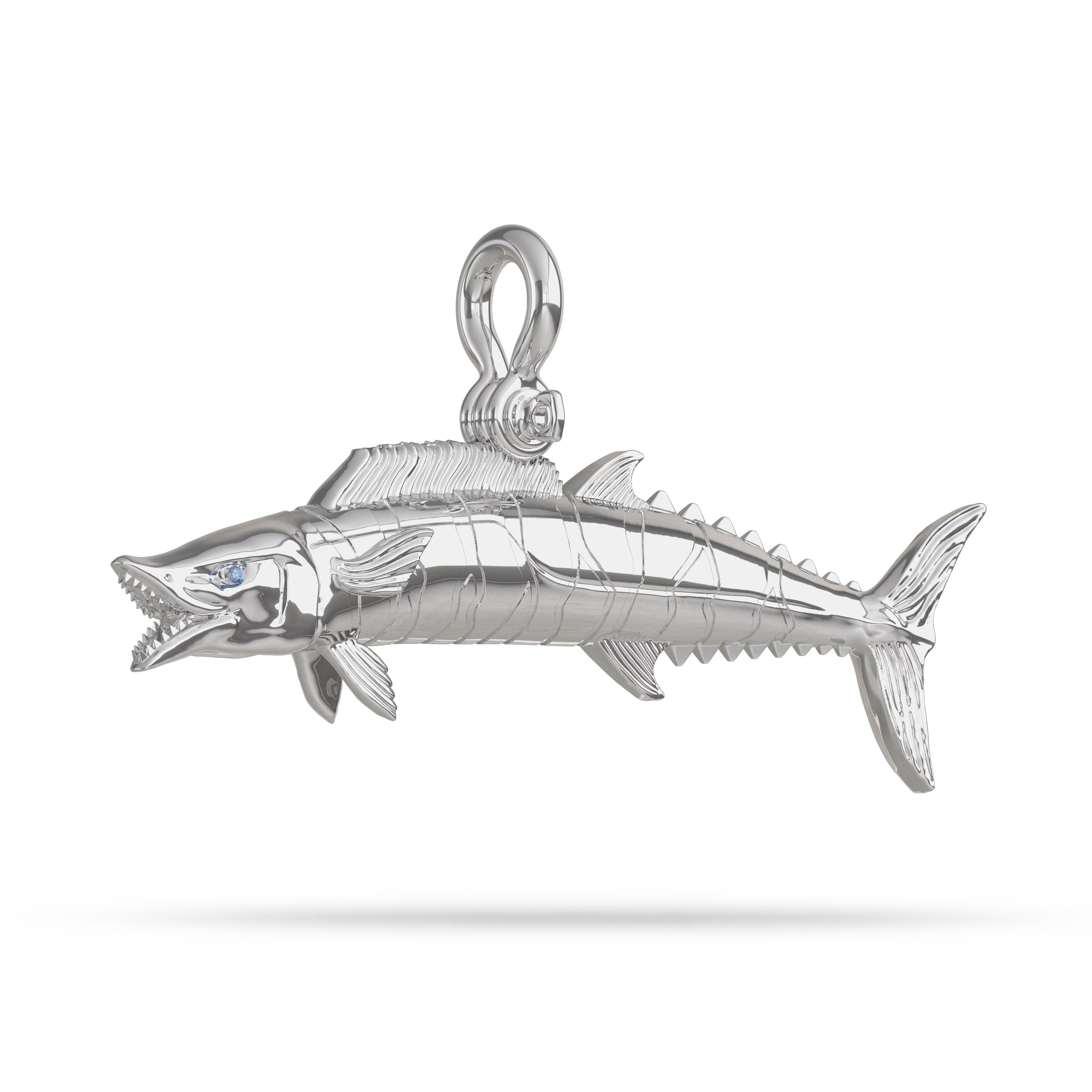 Sterling Silver Wahoo Fish With Sapphire Eye with A Mariner Shackle Bail Custom Designed By Nautical Treasure Jewelry In The Florida Keys Islamorada