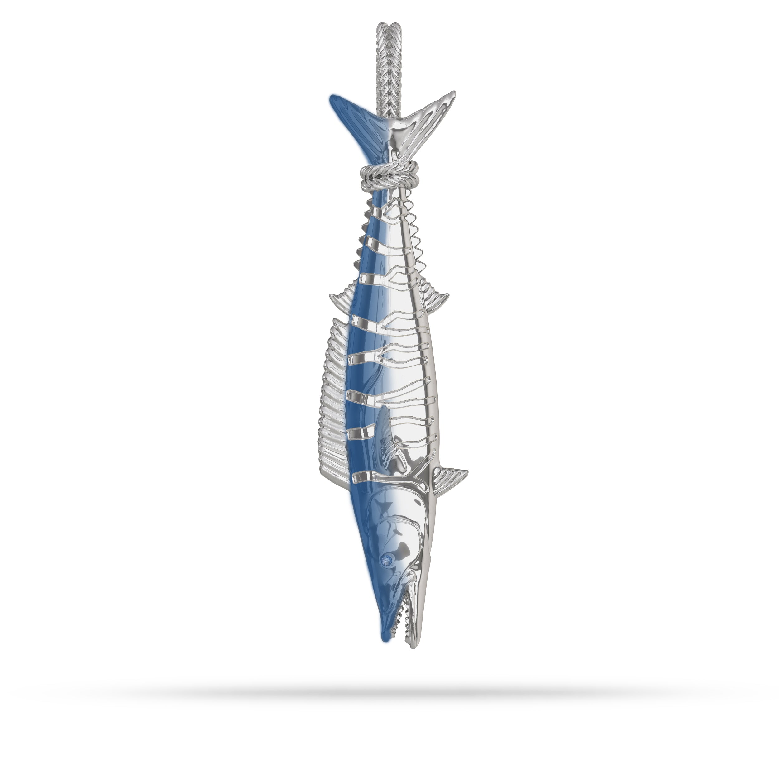 White Gold Wahoo “Ono” Fish Pendant  With Sapphire Eye Custom Tail Hung  By Nautical Treasure Jewelry 
