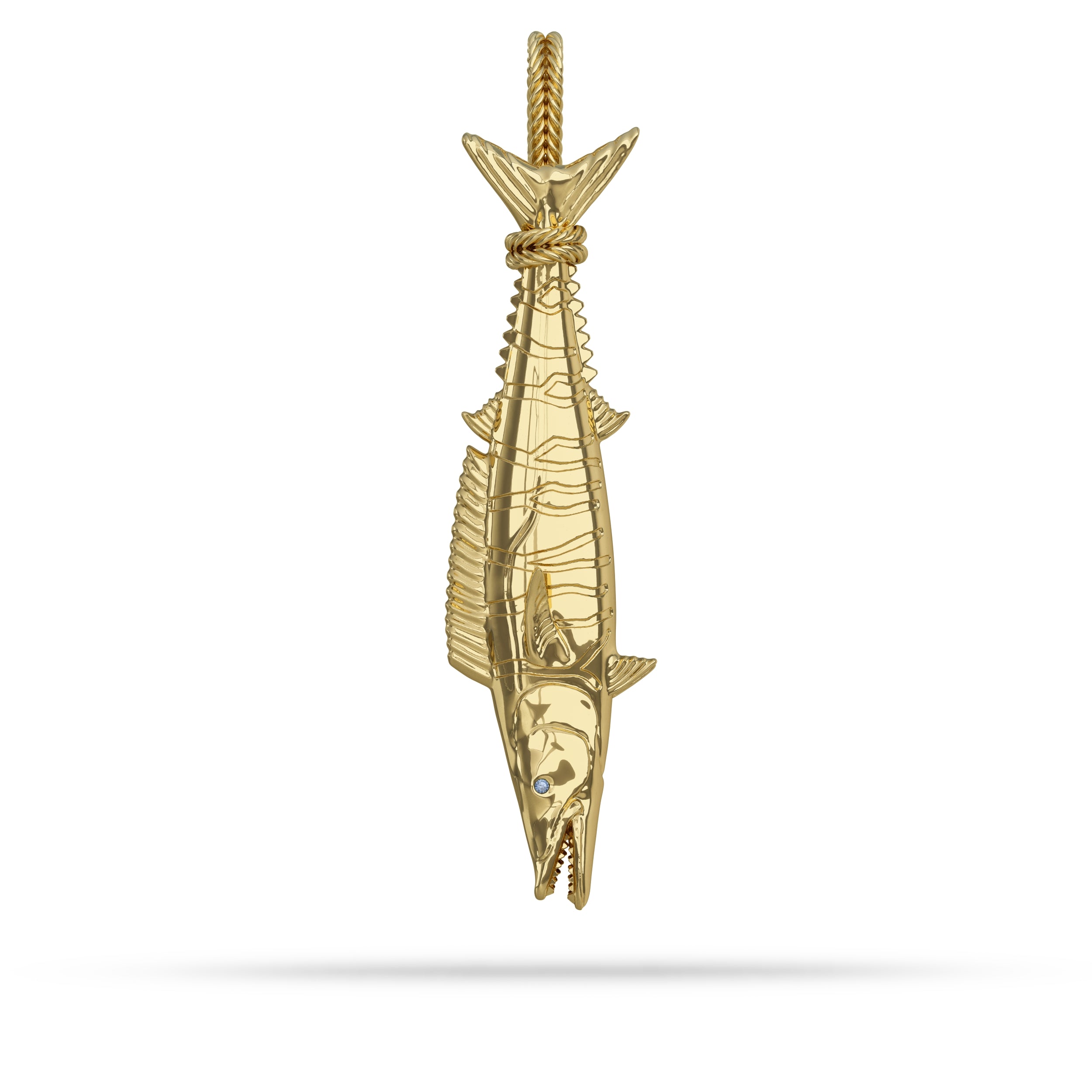 Solid 14k Yellow Gold Wahoo “Ono” Fish Pendant  With Sapphire Eye Custom Tail Hung  By Nautical Treasure Jewelry 