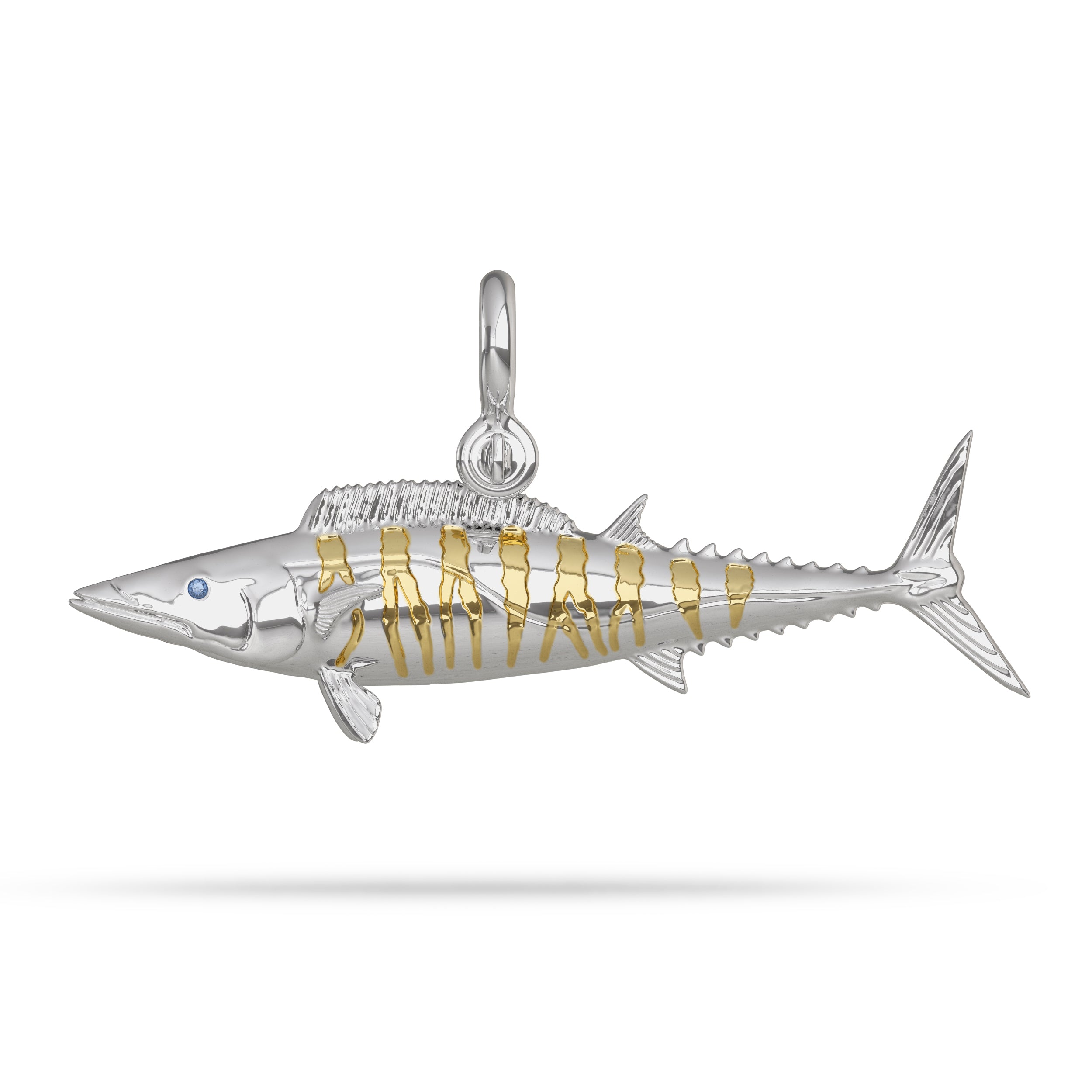 14k Gold Wahoo “Ono” Fish Pendant  With Sapphire Eye And Mariner Shackle Bail By Nautical Treasure Jewelry 
