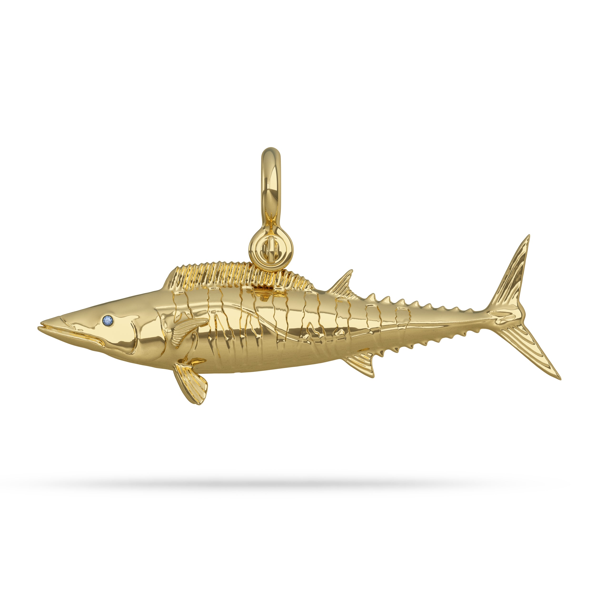 Yellow 14k Gold Wahoo “Ono” Fish Pendant  With Sapphire Eye And Mariner Shackle Bail By Nautical Treasure Jewelry 